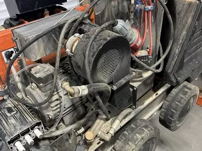 VTUF industrial pressure washer before servicing, showing build-up of dirt, wear, and general condition prior to full strip-down, clean, and maintenance work.